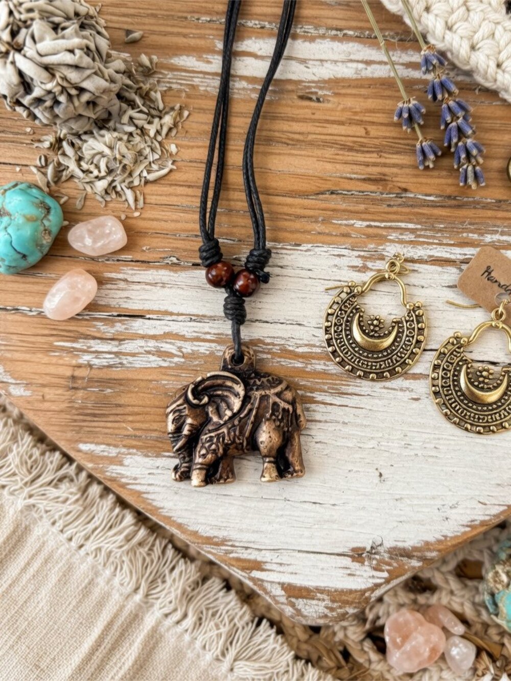 Boho Celestial Moon Crescent Earrings & Elephant Pendant Necklace Set